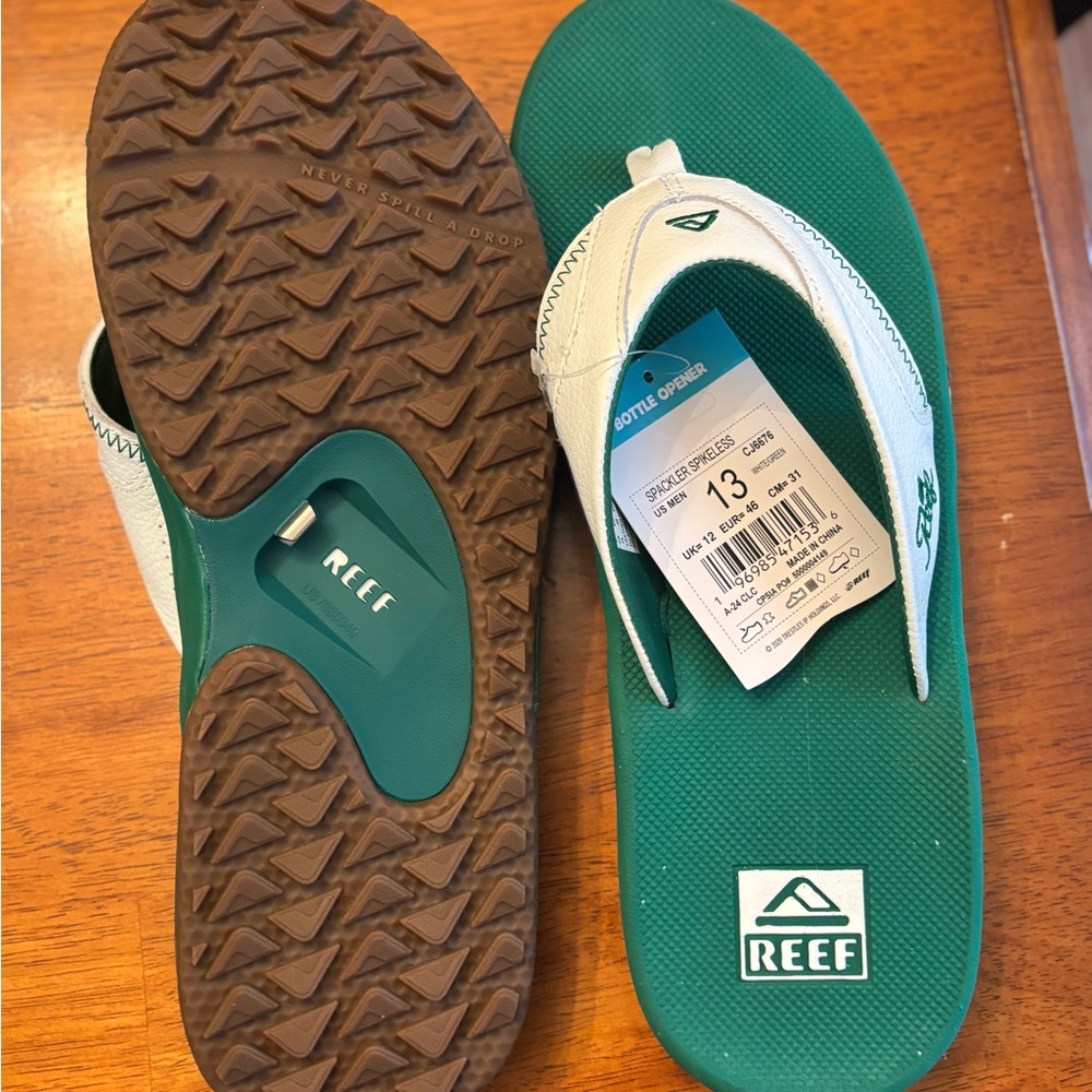 Reef Green and White Sandals with Bottle Opener Sole